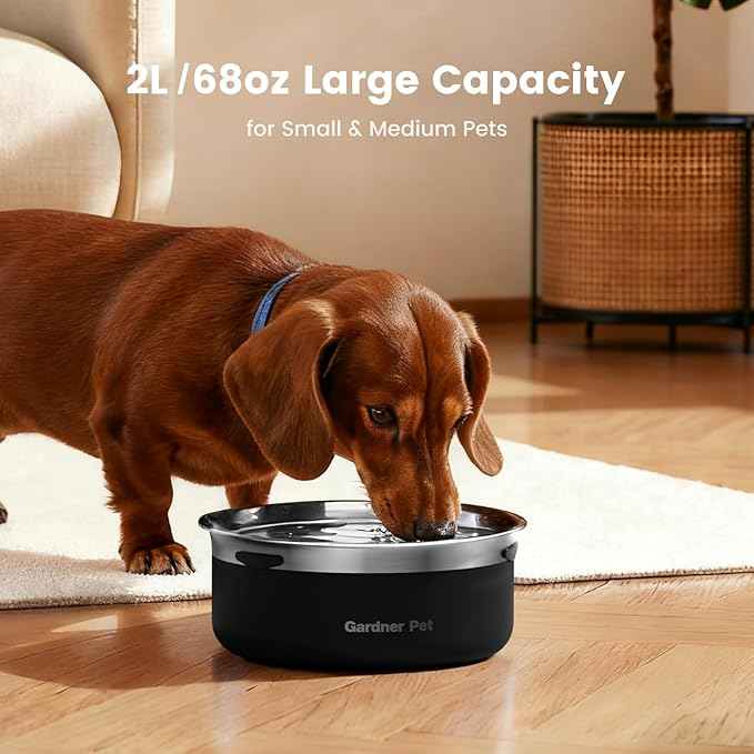 Gardner Pet Slow Water Bowl for Dogs, 2L/68oz Spill-Proof Pet Water Bowl with Floating Disk & Filter Screen, Stainless Steel No-Spill Water Dispenser for Medium Pets