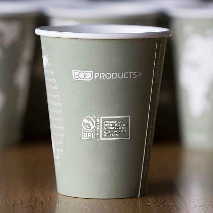 ECO PRODUCTS Compostable Disposable World Art 12oz Large Coffee Cups, Pack of 50, Renewable Hot Paper Cup, Plant Based PLA Lining, Color Coded
