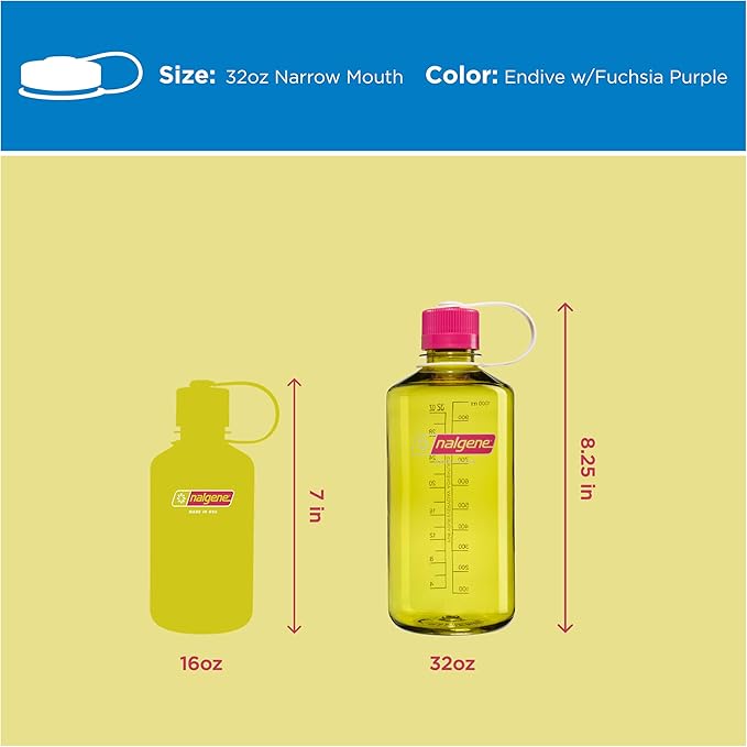 Nalgene 32 oz Narrow Mouth Water Bottle | BPA-Free, Durable & Leak Proof, Lightweight for Gym & Office – Thrill & Motion, Endive w/Fuschia Purple