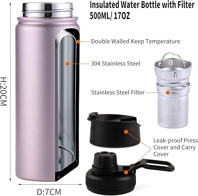 Infuser Travel Mug with Removable loose leaf Tea Strainer Bottle 18/8 Stainless Steel Insulated Tumbler for Women Rosegold