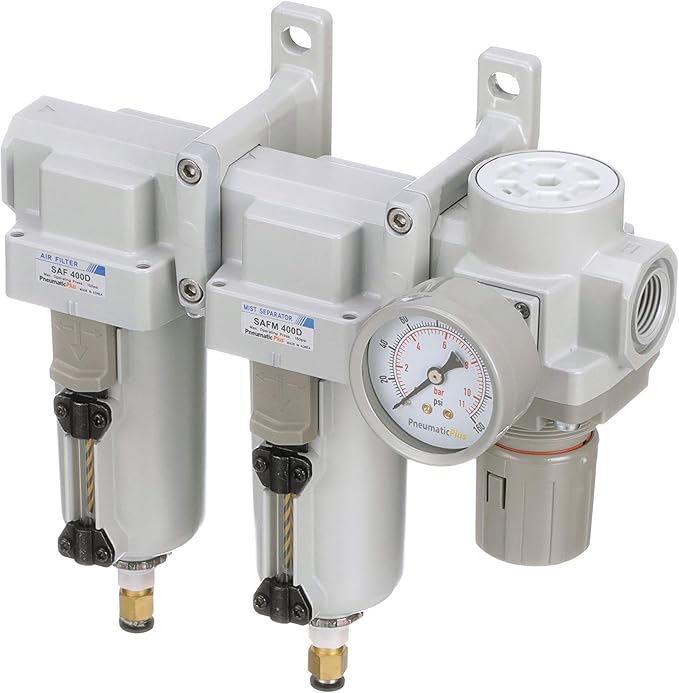 PneumaticPlus SAU430-N06DG-MEP Three Stage Air Drying System Particulate Air Filter, Coalescing Filter, Air Pressure Regulator Combo 3/4" NPT - Metal Bowl, Auto Drain, Bracket, Gauge - AquaVibe