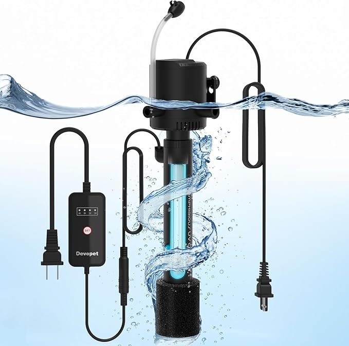 Aquarium U-V Filter for Green Water, Fish Tank Green Clean Machine with Aeration & Dual Water Outlet, Submersible Water Pump & U-V Light with Timer, for 10-40 Gallon Tank(135GPH/8W)