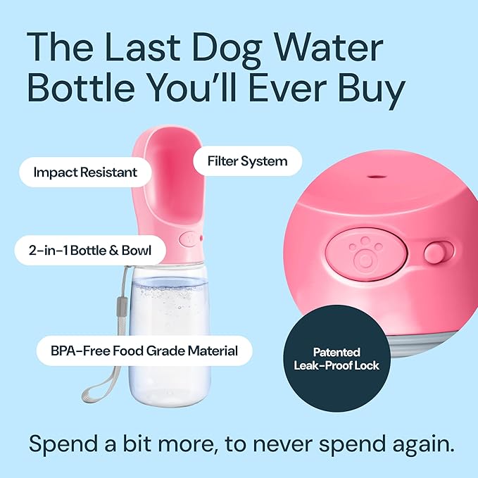MalsiPree Leak-Proof Portable Dog Water Bottle for Travel - 19 oz, with Pink Bowl - Food Grade Plastic - Dog Bowls - Puppy Essentials - Pet Water Bottle - AquaVibe