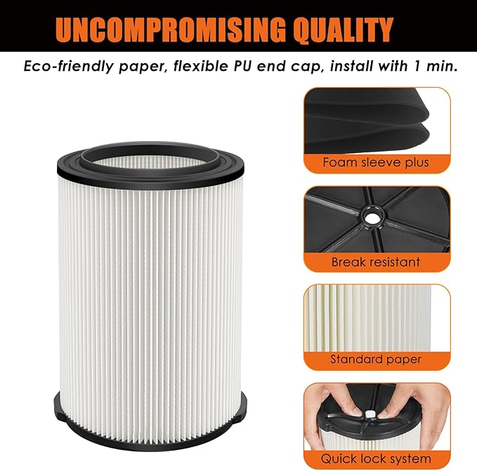 VF4000 Replacement Filter for Ridgid Shop Vacuums 5-20 Gallon, Universal VF4200 Filter Fits Rigid Wet Dry Vac/Husky Shop Vacuum Filter 6-9 Gallon with Foam Sleeves-2 Pack - AquaVibe