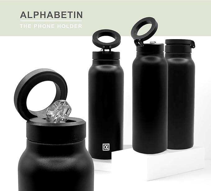 Magsafe compatible insulated water bottle with magnetic phone holder stainless steel 24oz hot 12h & cold 24h 360 rotate double wall stainless steel magnetic water bottle phone mount with straw