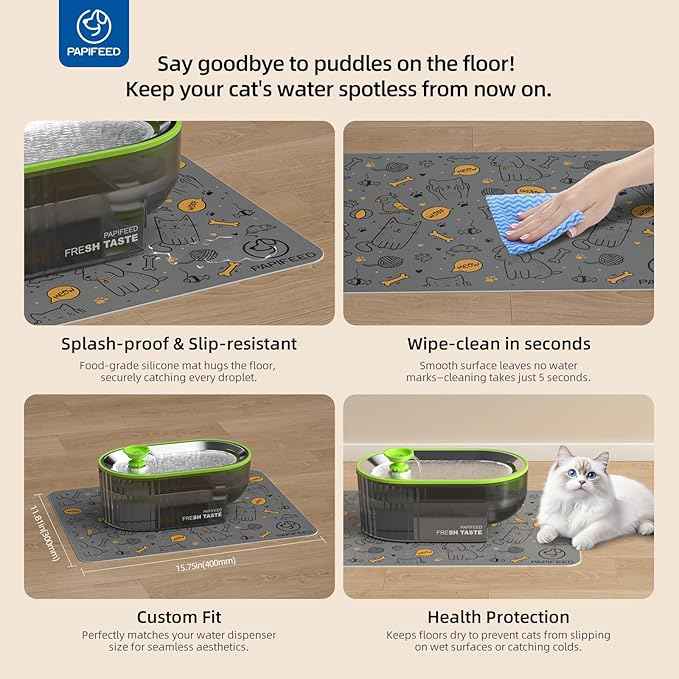 Cat Water Fountain Stainless Steel with a Silicone Mat, 84oz/2.5L Automatic Cat Water Fountain with Water Level Window and LED Light, Quiet Low Power Cat Water Bowl & Cat Water Dispenser (Green)