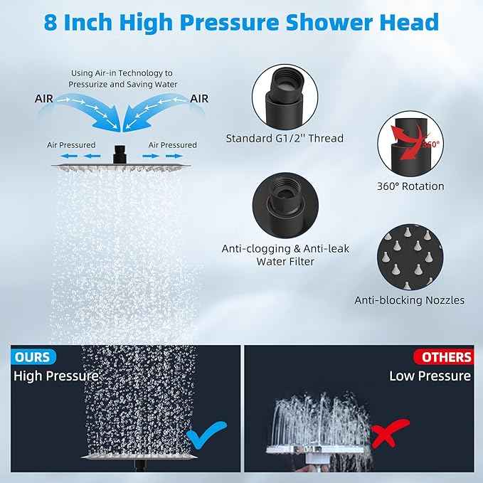 Hibbent All Metal Rain Shower Head, 8'' High Pressure Rainfall Square Showerhead with 16" Extension Arm, Solid Brass Adjustable Shower Arm Extender, Waterfall fixed Showerheads, Oil Rubbed Bronze