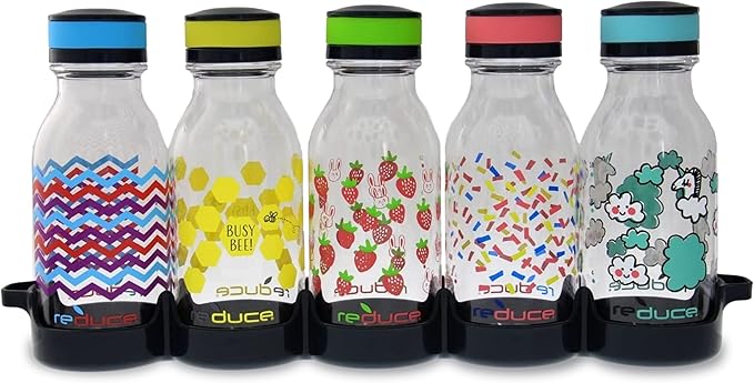 REDUCE WaterWeek Refillable Water Bottles, 14 oz - Includes 5 WaterWeek Leak Proof Tritan Reusable Water Bottles - Includes Fridge Tray - Berry Fun