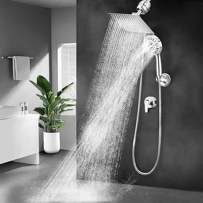 10" Dual Filtered Shower Head Showerhead Handheld Sprayer 20 Stage Water Filter Diverter 79" Hose Combo, Filtration Fixed Rain Rainfall, for Chlorine Well Water Hair Dry Skin, DSFC02 (square, 10")