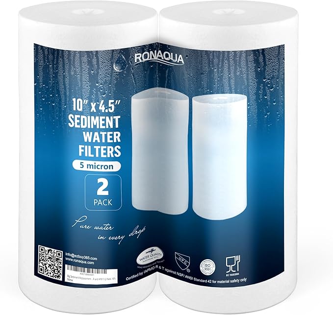 Ronaqua 10" x 4.5" Big Sediment Replacement Water Filter Cartridge, 5 Micron, NSF Certified, for Whole House, Compatible with RFC-BBSA, W15-PR, WFHD13001B, GXWH35F, HF45-10BLBK10PR and AP817, 2 Pack
