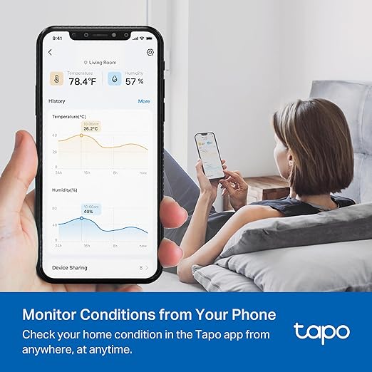 TP-Link Tapo Smart Temperature and Humidity Monitor, 2.7" E-Ink Display, Swiss-Made Sensor, Real-Time Notification, Visual Graphics, Requires Tapo Hub, White, T315