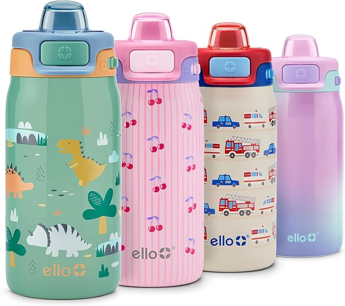 Ello Pop & Fill 12oz Stainless Steel Kids Water Bottle with Quick Fill Lid | Vacuum Insulated BPA Free Bottle with Leak Proof Straw and Chug Lid, Dishwasher Safe, Gift For Kids, Dino
