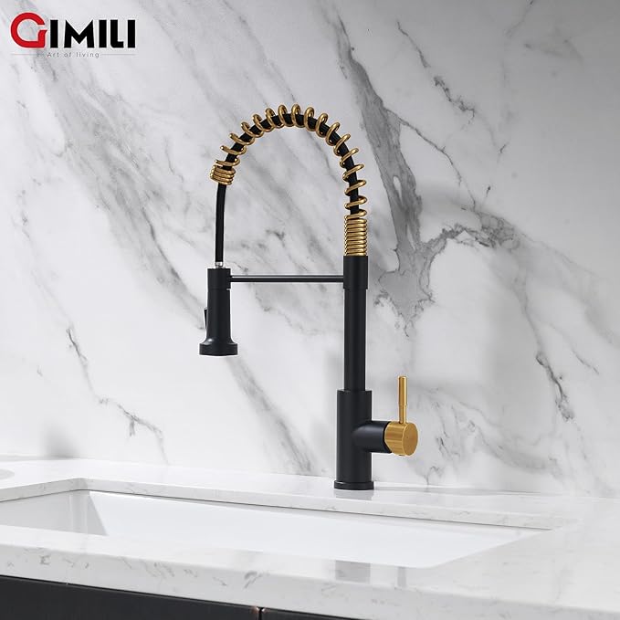 GIMILI Black and Gold Kitchen Faucet with Pull Down Sprayer Single Hole Stainless Steel Sink Faucet, Suitable for Farmhouses, RV, Laundry Room, Outdoor, and Campers. Llave para fregadero de cocina