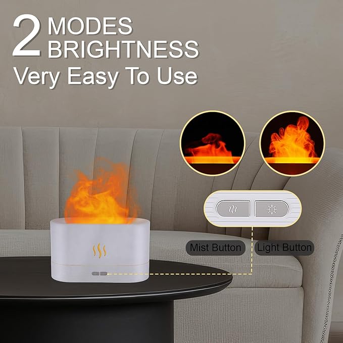 Essential Oil Diffuser, Flame Air Humidifier with Fire Led Light - 2 Rightness, 180mL Capacity (8 Hours), Auto-Off Protection Air Diffuser for Home Bedroom Office Gifts(White)