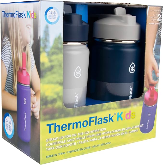 ThermoFlask Kids 14 oz Insulated Water Bottles with Straw Lid BPA-Free Stainless Steel Leakproof & Spill-Proof Design Easy Clean Wide Mouth 2-Pack for School, Sports, Playdates, Harbor Grey/Denim