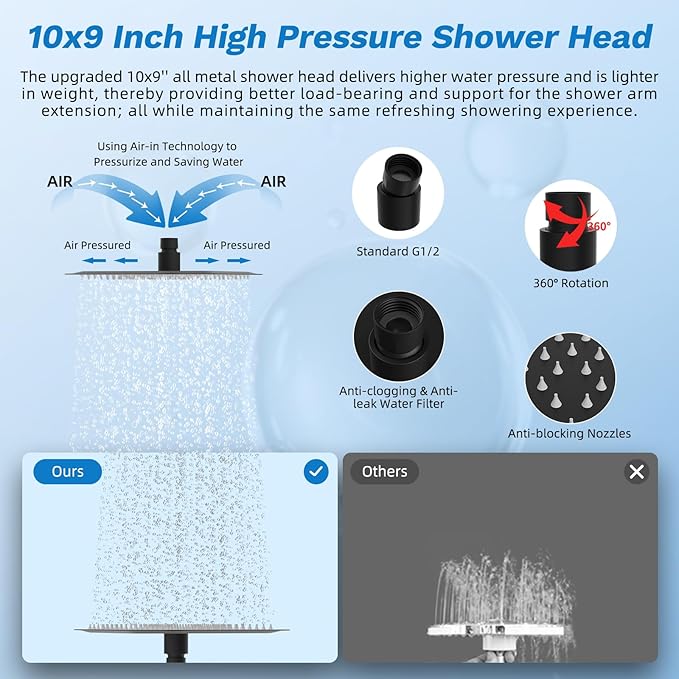 Hibbent Upgraded All Metal 10"Rainfall Showerhead Combo, High Pressure Shower Head with 10-Spray Mode Handheld, Innovative 4-way Diverter with Pause Mode, 71'' Shower Hose and Handheld Holder, Black