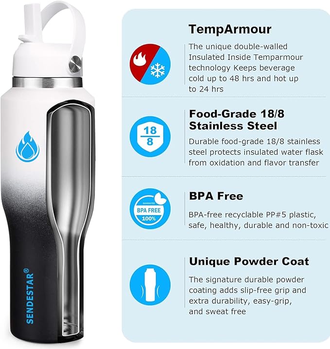 SENDESTAR Water Bottle,Wide Mouth Stainless Steel Vacuum Insulated Double Wall Keep Liquids Cold or Hot All Day,Sweat Proof Sport Design,Fit Car Cup Holder,White Black Gradient,40 Ounces