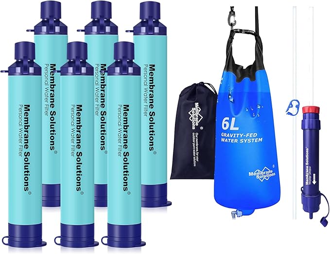 Membrane Solutions Upgrade 5 Stage Blue Water Filter Straw 6 Pack and Gravity Water Filter Pro 6L, 0.1-Micron Versatile Water Purifier Survival Gear and Equipment for Group Camping Emergency
