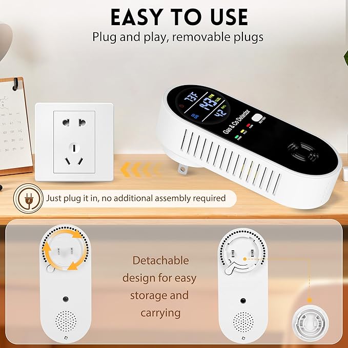 4 Packs Carbon Monoxide Detectors Plug in, 4-in-1 Natural Gas Leak Detector & Carbon Monoxide Detectors with Temperature & Humidity, Natural Gas Detectors for Home/Apartment/RV