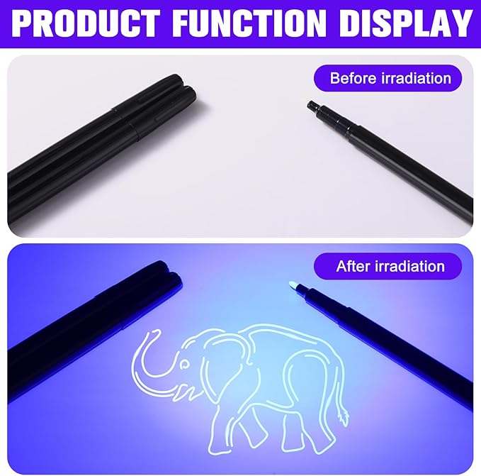 Tegeme 8 Pcs Black Light Markers Set 4 Invisible Ink Pen 4 Mini UV Flashlights Invisible Ink Marker Disappearing Pen for Spy Gadgets Secret Message Gift Party Favors(Silver and Black)