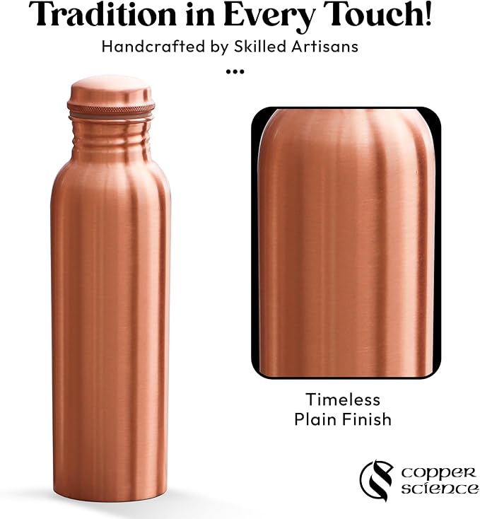 Pure Copper Water Bottle – 34Oz (1000 ml) – Handcrafted Smooth Finish Design, Leak-Proof – 100% Pure Copper Ayurvedic Metal Water Bottle for Benefits & Wellness