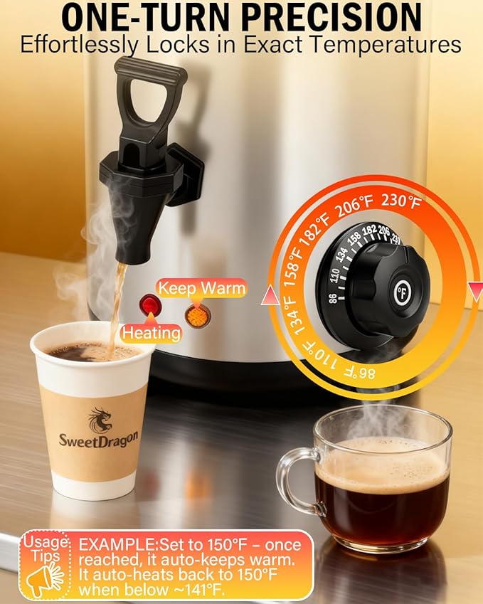 Electric Insulated Beverage Dispenser With Heating – 75 Cup Hot & Cold Drink Water Urn with Spigot – 12 L / 3.2 Gallon Stainless Steel Hot Coffee & Tea Drink Dispenser for Catering, Juice, Milk,Silver