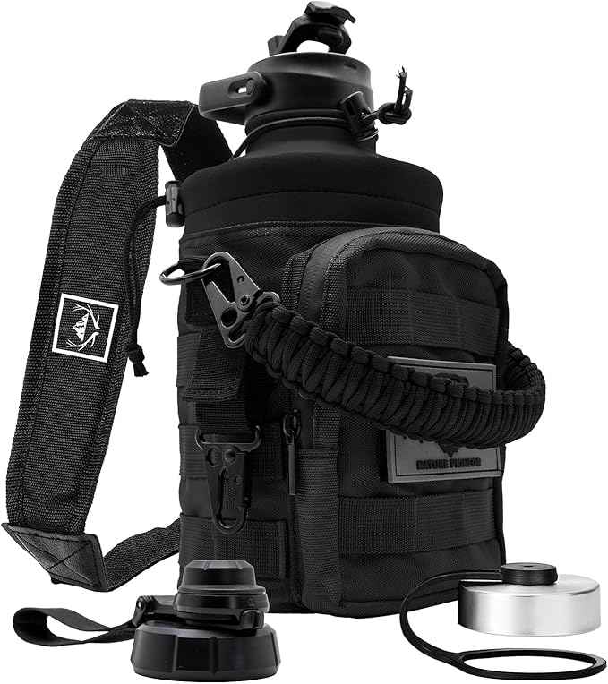 NATURE PIONEOR 64 oz Tactical Water Bottle Set, Stainless Steel Half Gallon Insulated Water Bottle with Tactical MOLLE Bottle Carrier Sleeve, for Outdoor Work, Gym, Hiking, Camping