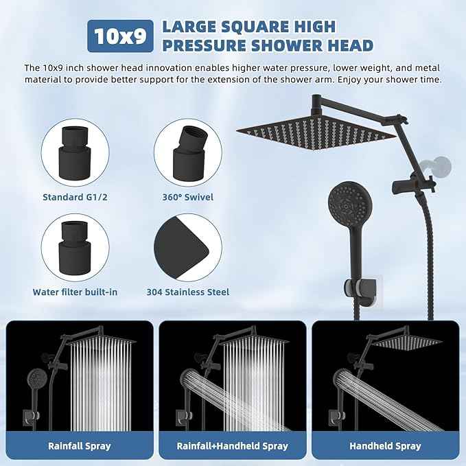 All Metal Rain Shower Head, 10” High Pressure Rainfall Shower Head with Handheld Spray, 10-Mode Powerful Cleaning Handheld Showerhead, 16" Stainless Steel Adjustable Extension Arm, Oil Rubbed Bronze