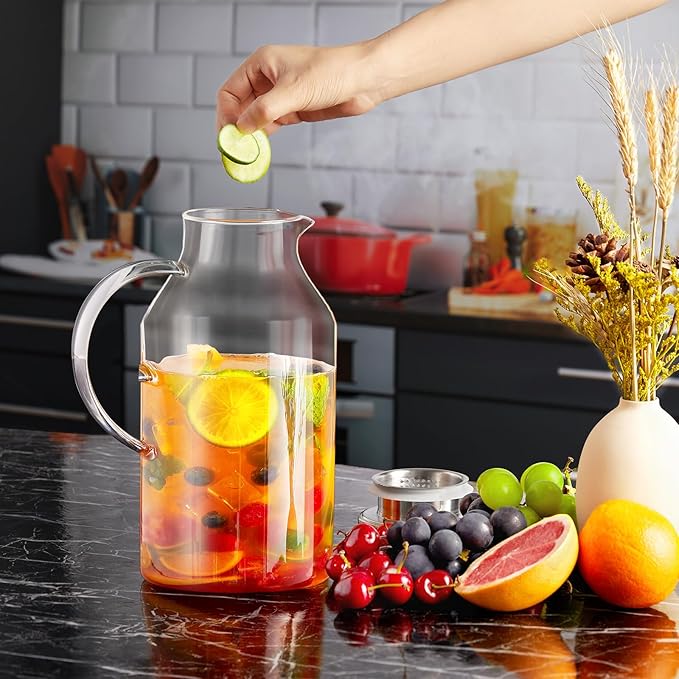Bivvclaz 3 Liter 101 oz Glass Pitcher with Lid and Handle, Glass Water Pitcher for Fridge, Glass Carafe for Hot/Cold Water, Iced Tea Pitcher, Large Jug for Coffee, Juice and Homemade Beverage
