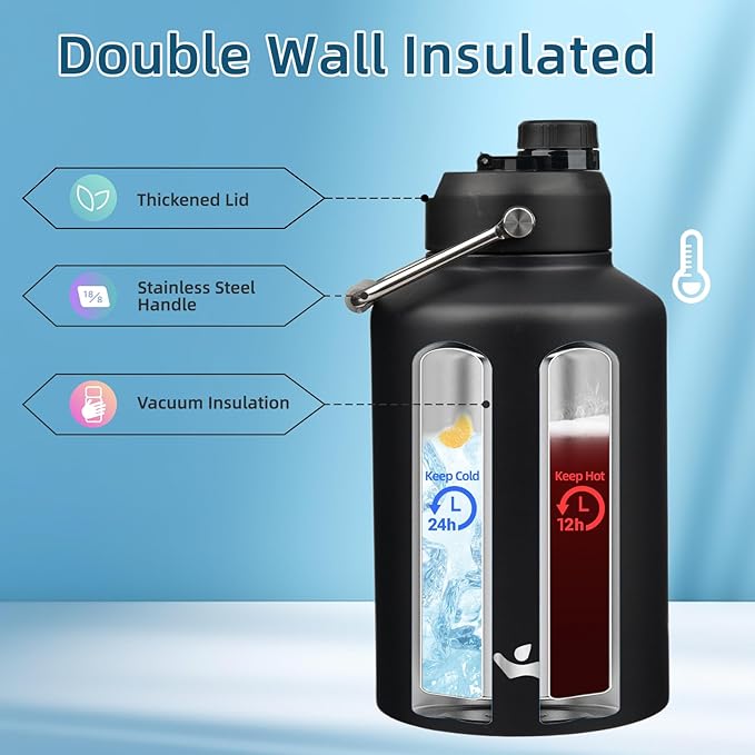1 Gallon Jug with Handle,128 oz Insulated Water Bottle with Carrying Pouch, Double Wall Vacuum Stainless Steel Metal Bottle,Black