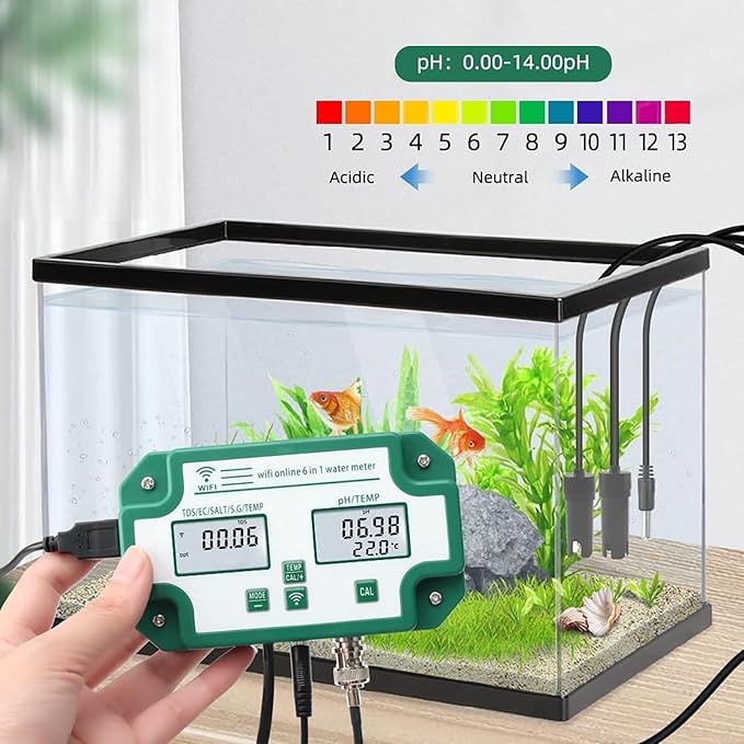 6 in 1Water Quality Tester, Smart Water Quality Monitor, PH EC TDS(PPM) Salt S.G Temperature Test Meter with App Control, Multi Parameter Water Monitor, for Swimming Pools, Household Drinking Water
