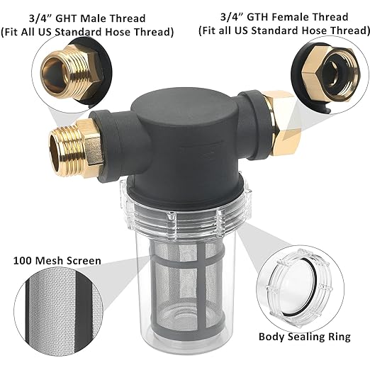 STYDDI Garden Hose Inlet Filter for High Pressure Washer, Garden Hose Water Sediment Filter Attachment with 100 Mesh Screen for Power Washer, Transfer Pump, Rain Barrels, Outdoor Spigots - AquaVibe