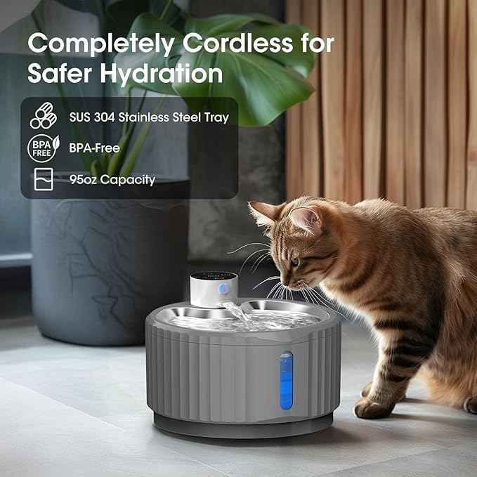 Wireless Cat Water Fountain, 95 oz/2.8 L Battery Operated Pet Water Fountain for Cats Inside, Automatic Dog Water Fountain with Stainless Steel Tray, Motion Sensor, Quiet Pump (Grey)