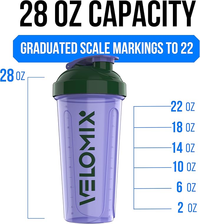 VELOMIX -2 Pack- 28 oz Protein Shaker Bottles for Protein Mixes - 2x Wire Whisk | Leak Proof Shaker Cups for Protein Shakes | Protein Shaker Bottle Pack (Green/Purple)