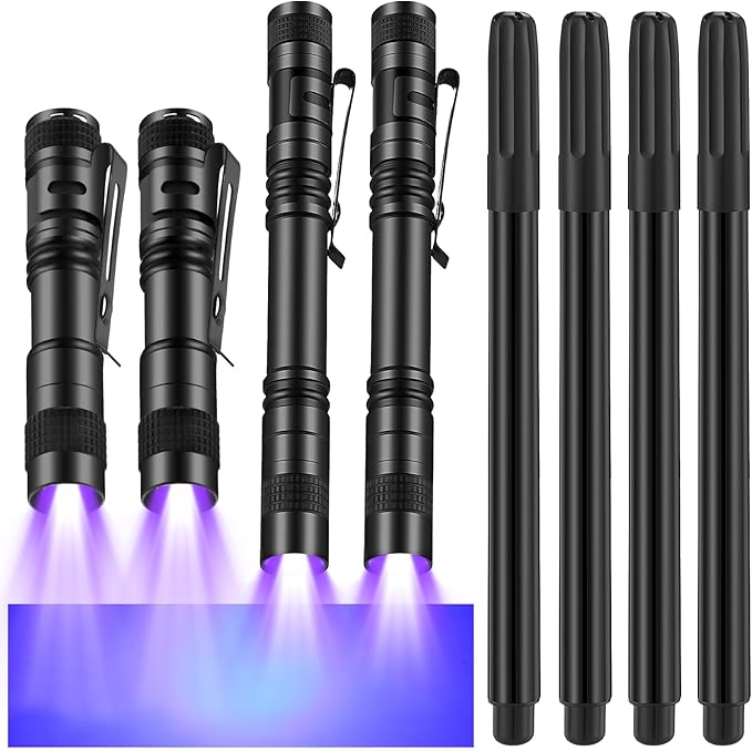 Tegeme 8 Pcs Black Light Markers Set 4 Invisible Ink Pen 4 Mini UV Flashlights Invisible Ink Marker Disappearing Pen for Spy Gadgets Secret Message Gift Party Favors(Black)