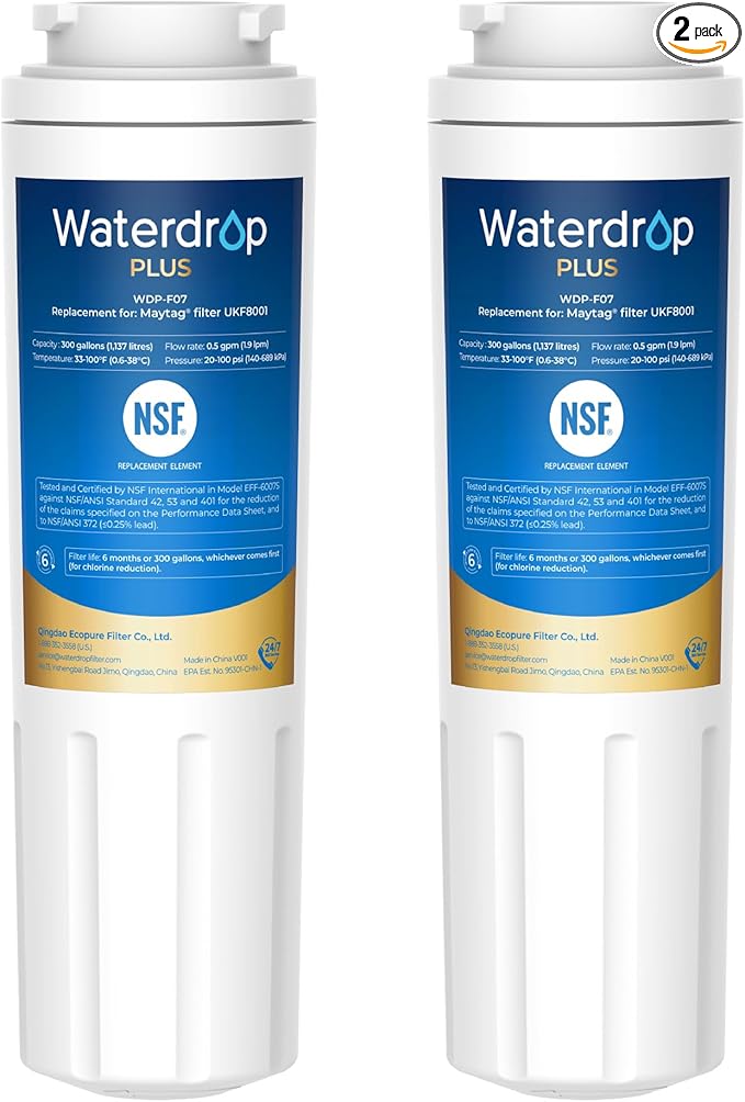 Waterdrop Plus UKF8001 NSF 401,53 Certified Refrigerator Water Filter, 𝐑𝐞𝐝𝐮𝐜𝐞 𝐏𝐅𝐀𝐒, Replacement for Whirlpool® Everydrop® Filter 4, EDR4RXD1, Maytag® UKF8001AXX, 2 Filters (Package May Vary) - AquaVibe