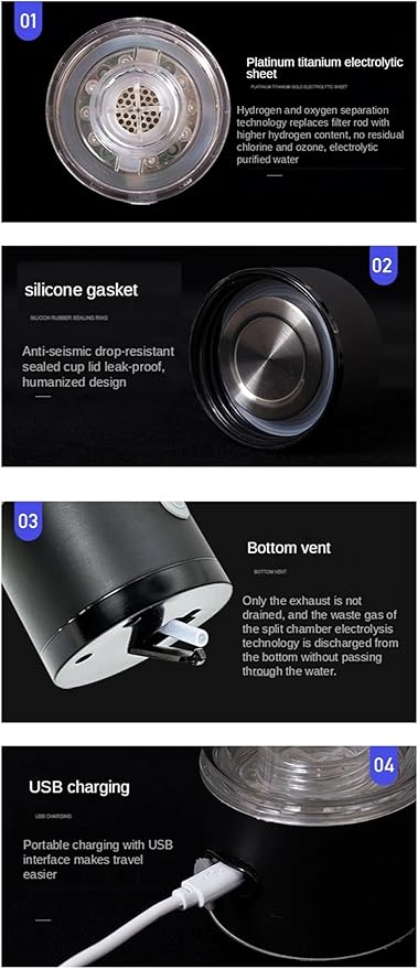 500ML Portable SPE/PEM Hydrogen Water Bottle, with Gas Vent, USB Rechargeable Alkaline Ionizer Maker, Can Absorb Hydrogen, High Temperature Resistance