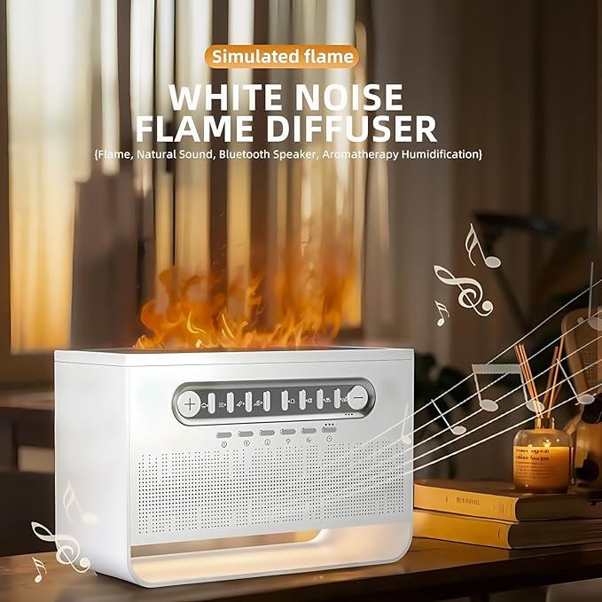 Speaker with 8 White Noise, 7 Colors Flame Diffuser Humidifer for Home Office, 8 White Noise Effect, Timing Essential Oil Diffusers Ideal Gift