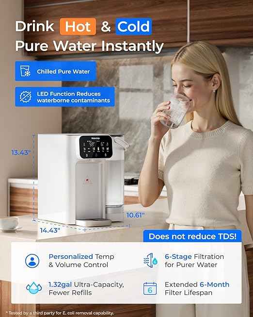 Waterdrop WD-M6H Instant Hot Reverse Osmosis System Countertop Water Filter with CT01 Countertop Water Filter System, Hot and Cold Water Dispenser with Multi-Stage Filtration
