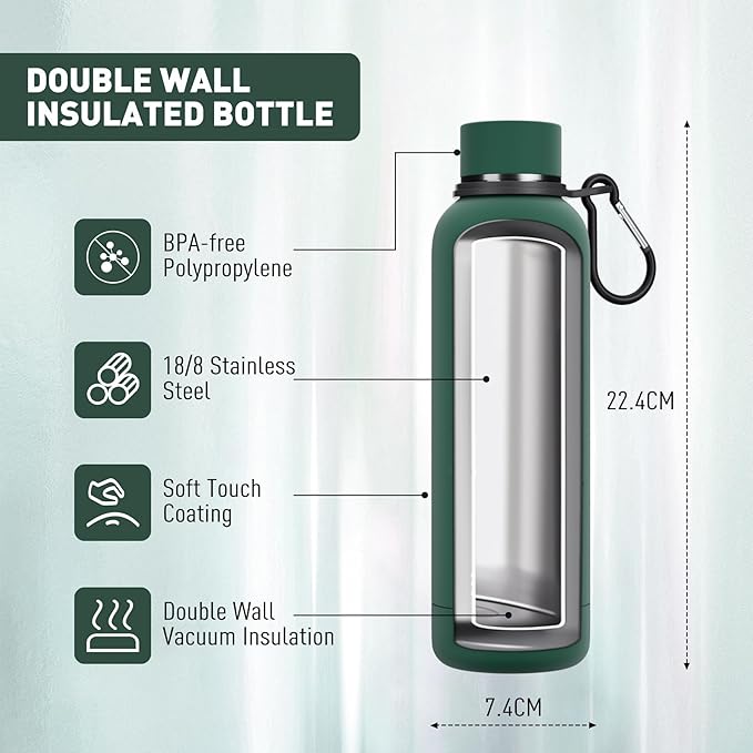 Exllena Slim Insulated Water Bottles for Travel 18oz with Clip, Double Wall Vacuum Stainless Steel Water Bottle Keeps Drinks Cold 24 Hrs/Hot 12 Hrs, 100% Leakproof, BPA Free(Emerald Green)