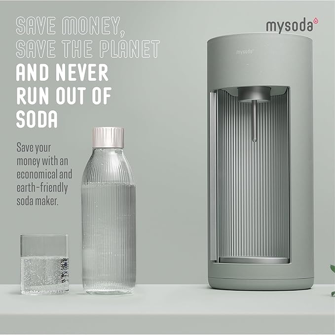 New Mysoda Glassy Design Sparkling Water Maker With 1L Glass & Plastic bottle - Silent Nordic Design Soda Maker Featuring A Sliding Door Opening - No Cylinder Included - Colour Green