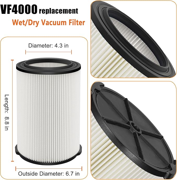 VF4000 Replacement Filter for Ridgid Shop Vacuums 5-20 Gallon, Universal VF4200 Filter Fits Rigid Wet Dry Vac/Husky Shop Vacuum Filter 6-9 Gallon with Foam Sleeves-2 Pack - AquaVibe