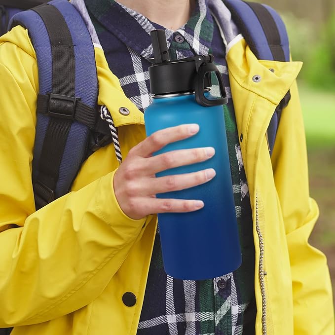 Volhoply 32 oz Water Bottle with Straw Lid & Spout Lid,Insulated Sports Water Bottle,Double Wall Vacuum Stainless Steel Cups,Leakproof Wide Mouth Metal Flask,Keeps Cold or Hot(Green Blue,1)