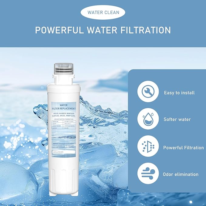 MIWF6200 Twist-in Water Filter Cartridge, Compatible with Midea MRS26D5AST, MF-2008-R2, Sharp SJWF200, SJG2254FS, Thor Kitchen WF200, Zline MIWFT2100, RFM-W-36 Models, 200 Gallon, 1 Pack
