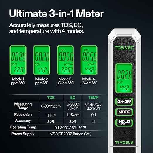 VIVOSUN TDS Meter, 3 in 1 TDS, EC & Temperature Meter, Accurate Digital Water Quality Tester for Drinking Water, Aquarium, Hydroponics, RO/DI System, Swimming Pool, White