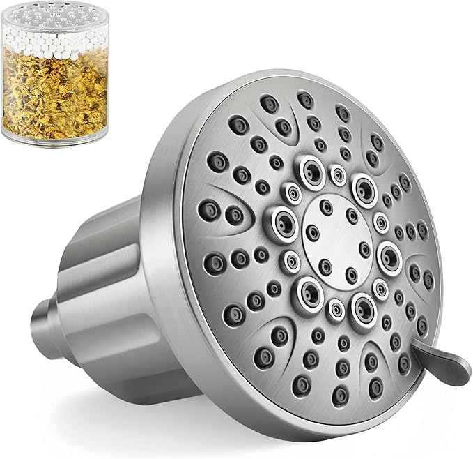 BRIGHT SHOWERS Filtered Shower Head, High Pressure Fixed Showerhead for Hard Water, Dual-Media Filter Removes Chlorine & Impurities, 8 Spray Modes, Brushed Nickel