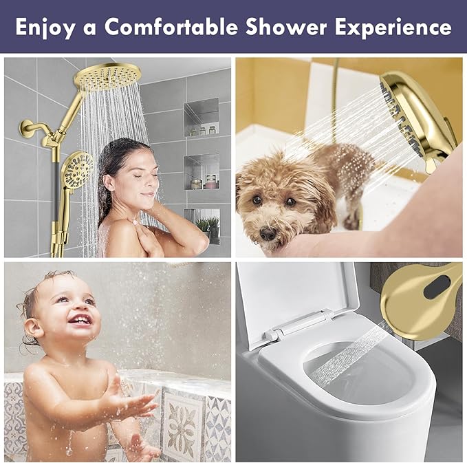 HOWUWEY Chrome Filtered Shower Sprayer with Sink Hose Attachment for Faucet & HOWUWEY Brushed Gold Dual Shower Heads with Handheld Spray
