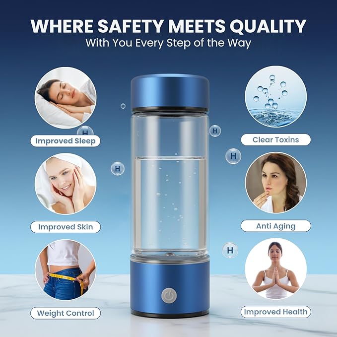 Hydrogen Water Bottle, Portable & Rechargeable – Molecular Hydrogen Water Generator, Alkaline Ionizer, Hydrogenated Water Purifier for Health & Fitness with Hydrogen-Rich Water Blue