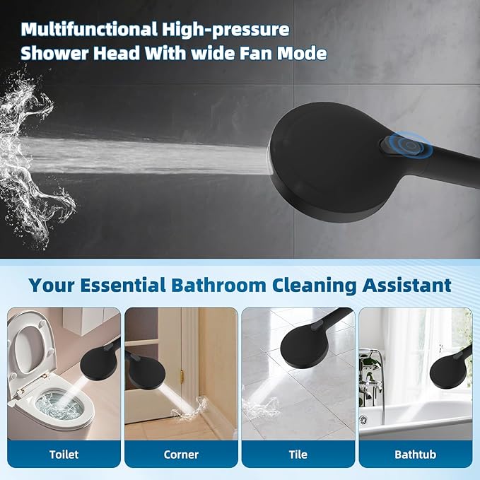 Hibbent All Metal Shower Head, 8'' High Pressure Rain Shower Head/Handheld Showerhead Combo with 16'' Adjustable Arc-shaped Extension Arm, 10 Sprays, 71'' Hose, Showerhead Holder, Matte Black