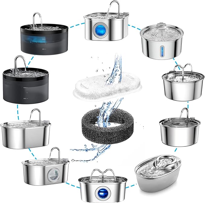 8 Pack Filters+8 Sponges for Stainless Steel Pet Fountain Compatible with Tomxcute 108oz/3.2L with GIOTOHU 67oz/2L with SOOFPET 108oz/3.2L Cat Water Fountain Filters NEUCOMBBT